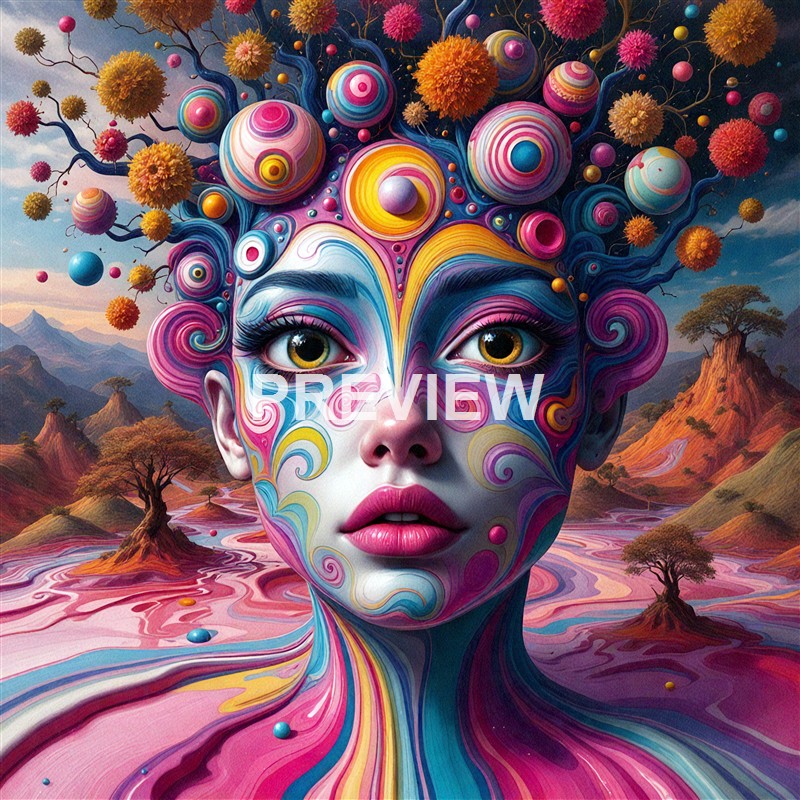 A surreal, colorful portrait of a woman with vibrant, swirling patterns on her face and hair that resemble a fantastical landscape with trees, mountains, and floating spheres.